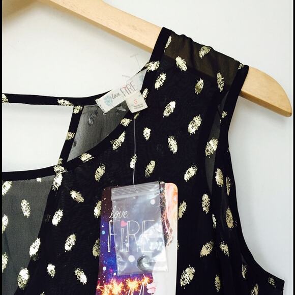LOVE, FIRE Black Gold Sheer Cold Shoulder Black Blouse Top SMALL Long Sleeve - Picture 3 of 5